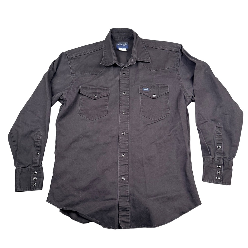 Wrangler Mens Black Western Pearl Snap Long Sleeve Shirt Brushpopper Vtg Large